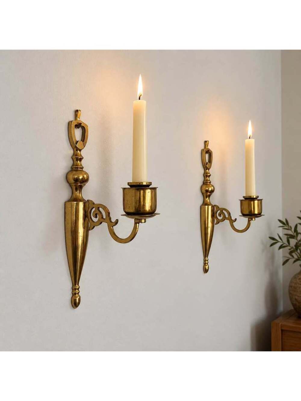 Pair Vintage Brass Wall Candle Sconces MCM Hollywood Regency Candle Holders 10”
